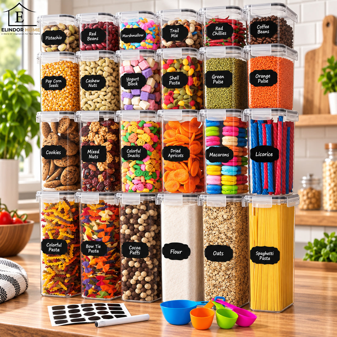 Set de 24 Recipiente Elindor® Mari si Mici, Caserole Ingrediente pentru Bucatarie, pentru Alimente Uscate, Recipient pentru Depozitare Cafea, Zahar, Paste, Cereale, Capac Etans, fara BPA, Etichete Reutilizabile, Transparent