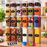 Set de 24 Recipiente Elindor® Mari si Mici, Caserole Ingrediente pentru Bucatarie, pentru Alimente Uscate, Recipient pentru Depozitare Cafea, Zahar, Paste, Cereale, Capac Etans, fara BPA, Etichete Reutilizabile, Transparent