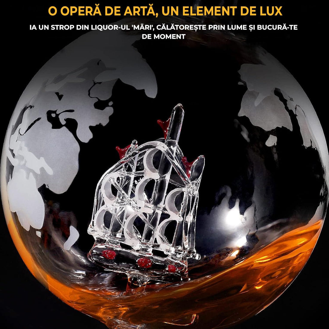 Set Decantor Glob Pamantesc Elindor®Whiskey cu 2 Pahare Gravate, Stativ din Lemn, Transparent