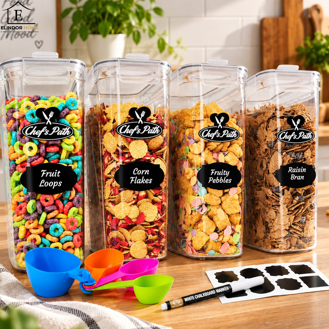Set 4 Recipiente Cereale Elindor®, 4 L, Organizare si Depozitare Alimente Uscate, Inchidere Ermetica, Capac cu Dozator, Stivuibile, Fara BPA, Etichete, Marker si Lingurite, Transparent