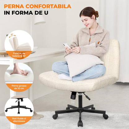 Scaun Birou Ergonomic Elindor® Rotativ 360°, fara Manere, cu Spatar Design Compact, Confortabil, Scaune in Stil Modern cu Roti, Picioare Metalice, Reglaj Balansare, Inaltime Ajustabila, 56 × 67 × 92 cm, Bej