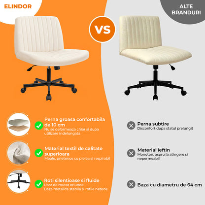 Scaun Birou Ergonomic Elindor® Rotativ 360°, fara Manere, cu Spatar Design Compact, Confortabil, Scaune in Stil Modern cu Roti, Picioare Metalice, Reglaj Balansare, Inaltime Ajustabila, 56 × 67 × 92 cm, Bej
