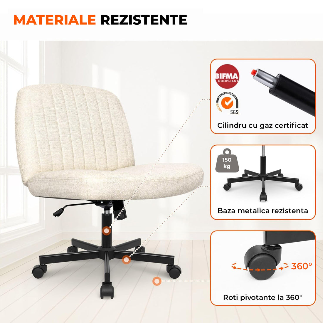 Scaun Birou Ergonomic Elindor® Rotativ 360°, fara Manere, cu Spatar Design Compact, Confortabil, Scaune in Stil Modern cu Roti, Picioare Metalice, Reglaj Balansare, Inaltime Ajustabila, 56 × 67 × 92 cm, Bej