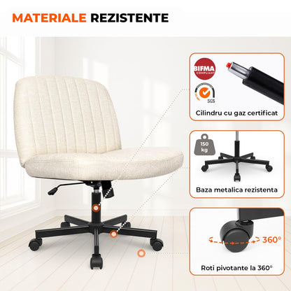 Scaun Birou Ergonomic Elindor® Rotativ 360°, fara Manere, cu Spatar Design Compact, Confortabil, Scaune in Stil Modern cu Roti, Picioare Metalice, Reglaj Balansare, Inaltime Ajustabila, 56 × 67 × 92 cm, Bej