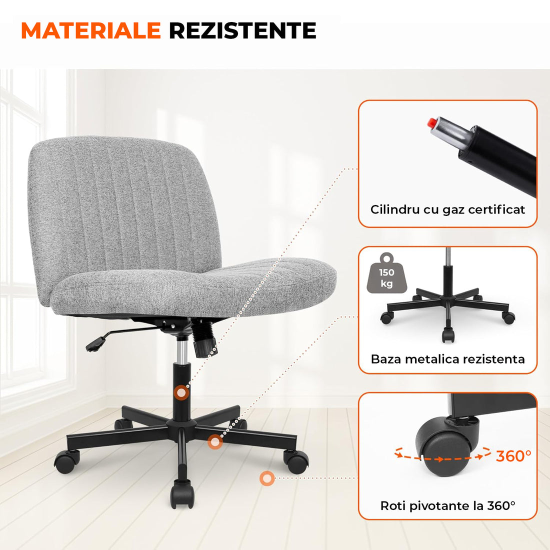 Scaun Birou Ergonomic Elindor® Rotativ 360°, fara Manere, cu Spatar Design Compact, Confortabil, Scaune in Stil Modern cu Roti, Picioare Metalice, Reglaj Balansare, Inaltime Ajustabila, 56 × 67 × 92 cm, Gri