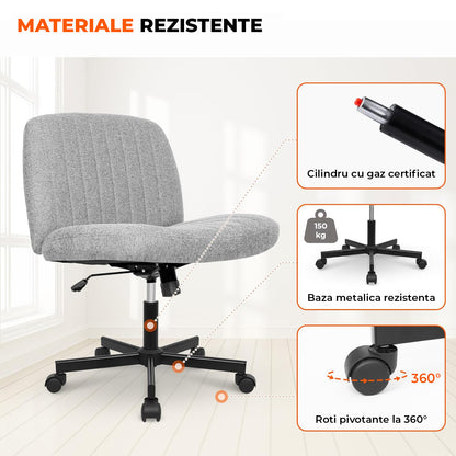 Scaun Birou Ergonomic Elindor® Rotativ 360°, fara Manere, cu Spatar Design Compact, Confortabil, Scaune in Stil Modern cu Roti, Picioare Metalice, Reglaj Balansare, Inaltime Ajustabila, 56 × 67 × 92 cm, Gri