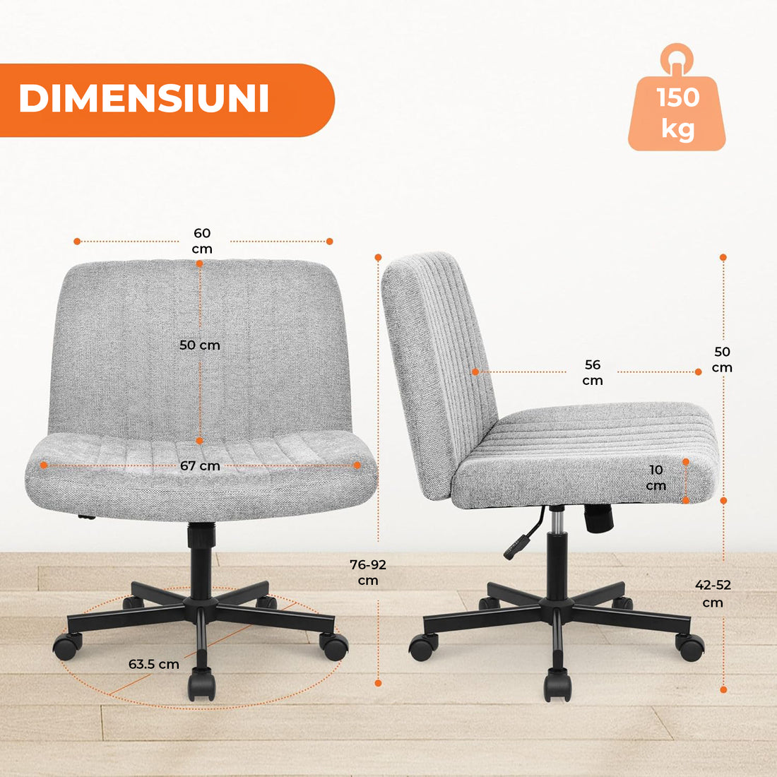 Scaun Birou Ergonomic Elindor® Rotativ 360°, fara Manere, cu Spatar Design Compact, Confortabil, Scaune in Stil Modern cu Roti, Picioare Metalice, Reglaj Balansare, Inaltime Ajustabila, 56 × 67 × 92 cm, Gri