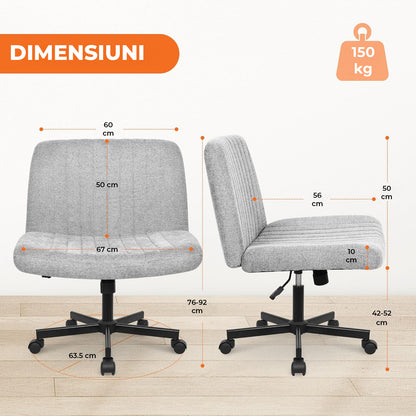 Scaun Birou Ergonomic Elindor® Rotativ 360°, fara Manere, cu Spatar Design Compact, Confortabil, Scaune in Stil Modern cu Roti, Picioare Metalice, Reglaj Balansare, Inaltime Ajustabila, 56 × 67 × 92 cm, Gri