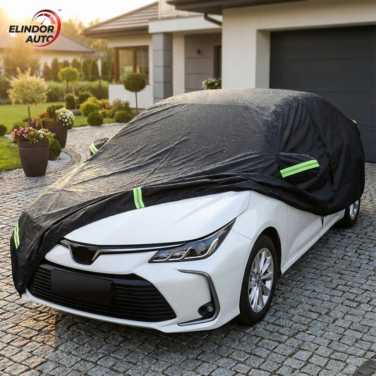 Prelata Auto Premium Elindor® Impermeabila, Protectie UV, Antisoare, Praf, Ploaie si Zapada, Toate Anotimpurile, Husa Exterior, Huse Protectie Completa, Universala, Accesorii Masina, Marime M Sedan 410 × 170 × 150 cm, Negru