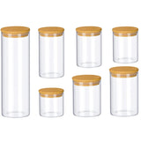Set de borcane din sticlă cu capace de bambus, perfecte pentru depozitarea ingredientelor și organizarea bucătăriei.