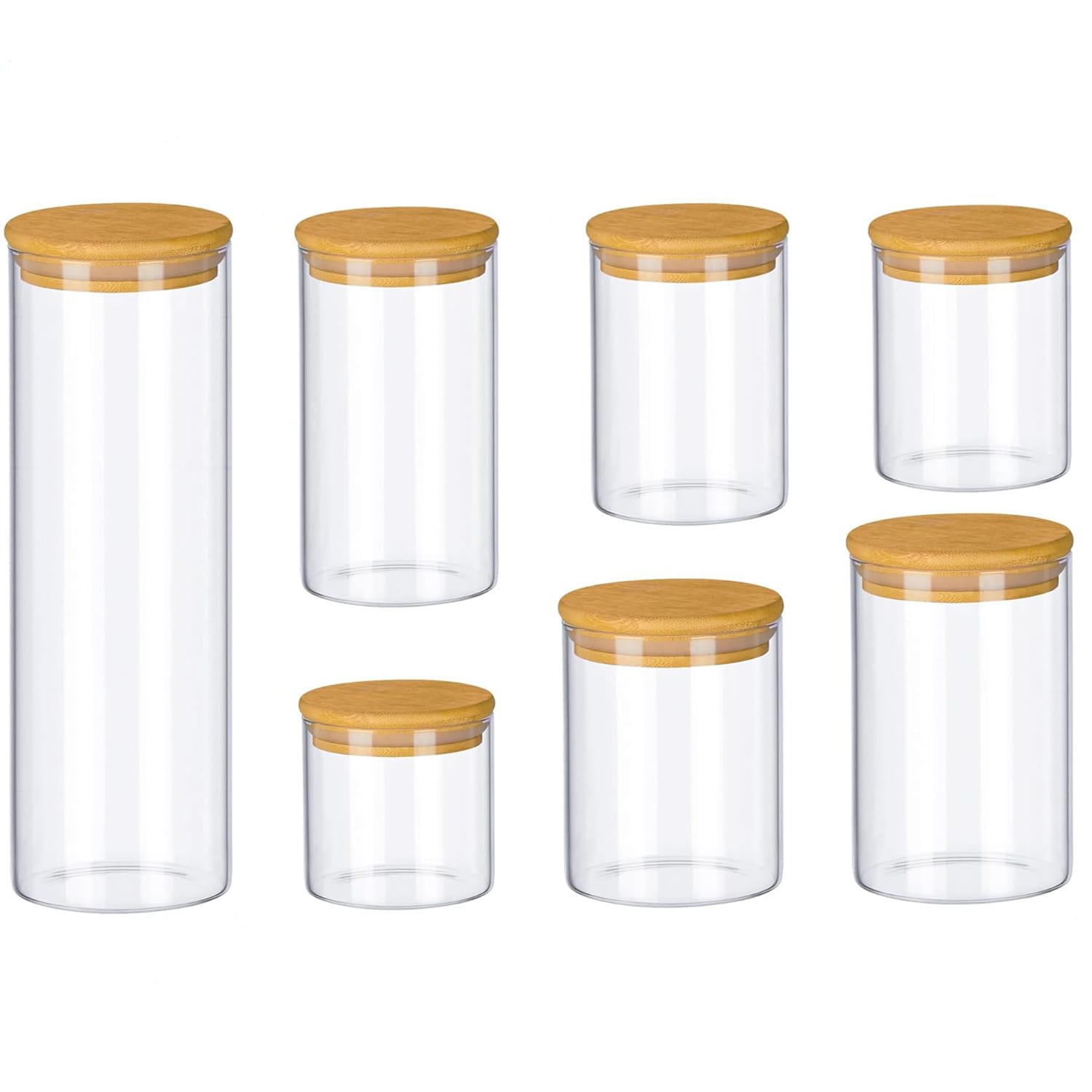 Set de borcane din sticlă cu capace de bambus, perfecte pentru depozitarea ingredientelor și organizarea bucătăriei.