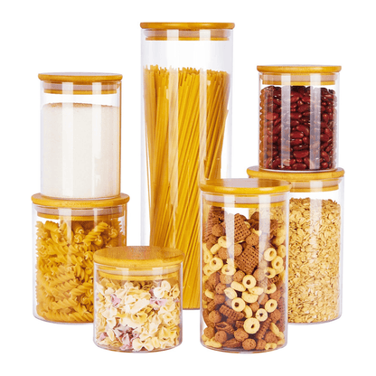 Set de borcane din sticlă cu capace de bambus, ideale pentru depozitarea pastelor, cerealelor, zahărului și leguminoaselor.
