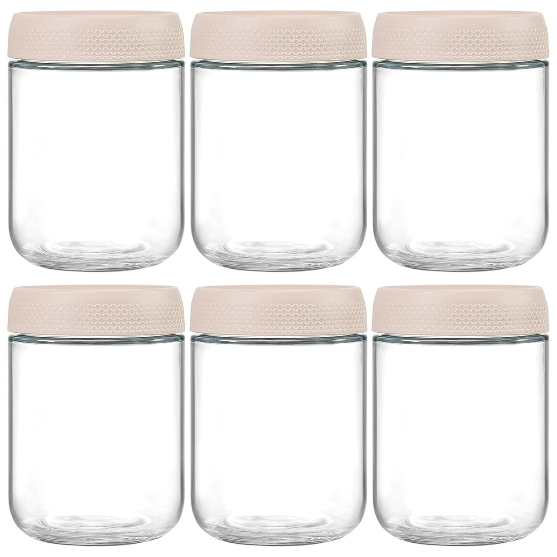 Set de 6 borcane din sticlă transparentă, cu capac din plastic bej, ideale pentru depozitare.