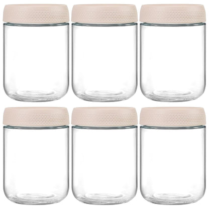 Set de 6 borcane din sticlă transparentă, cu capac din plastic bej, ideale pentru depozitare.