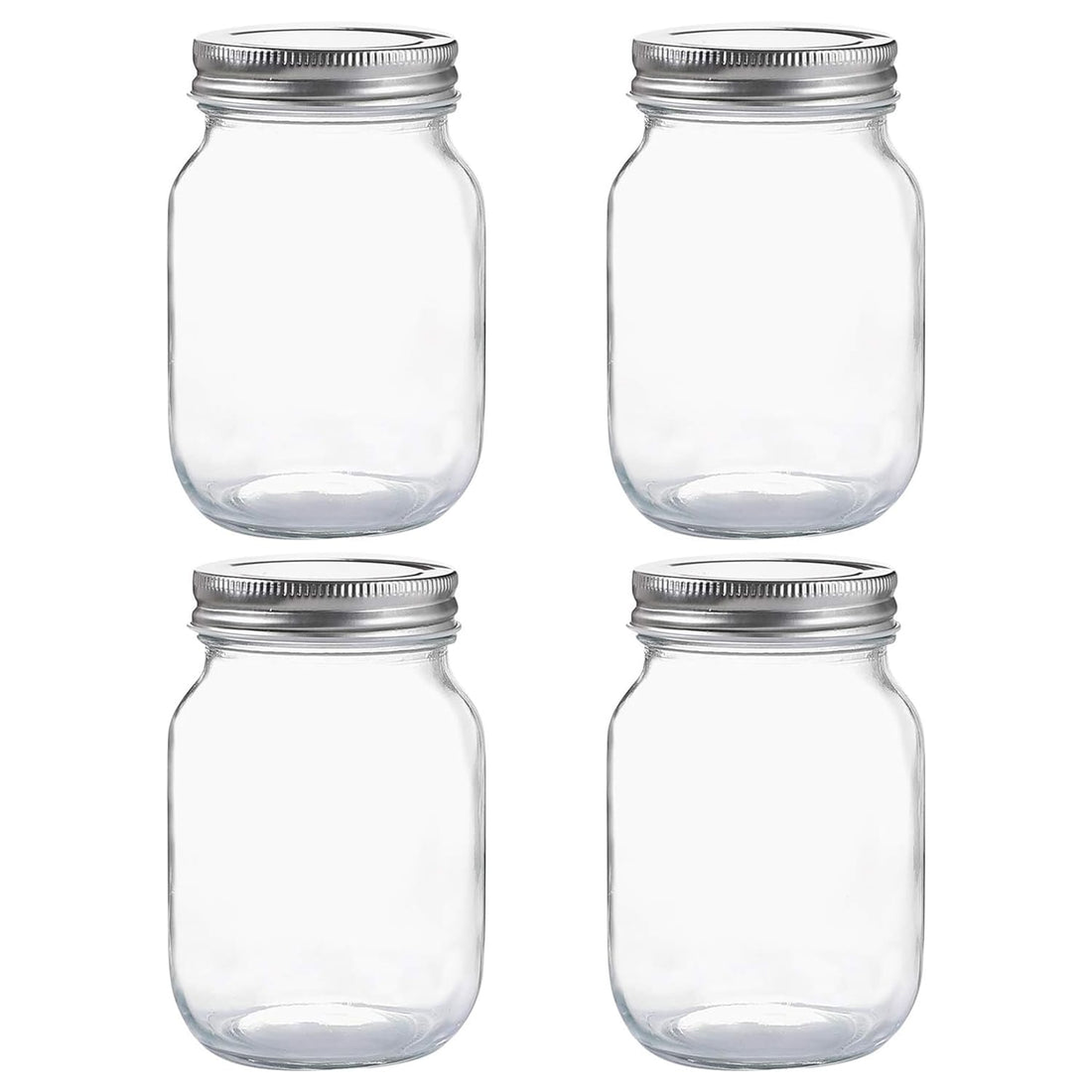 Set de borcane de sticlă transparente cu capace metalice, reutilizabile.