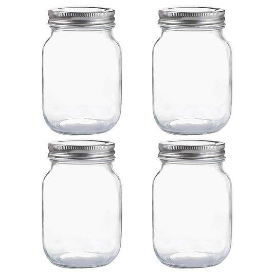 Set de borcane de sticlă transparente cu capace metalice, reutilizabile.