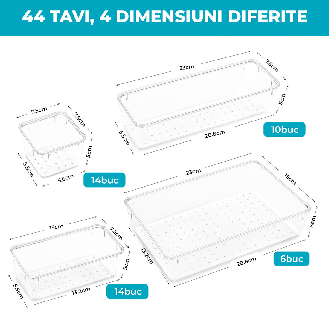 Set de 44 organizatoare din plastic transparent pentru sertare, disponibile în 4 dimensiuni diferite.