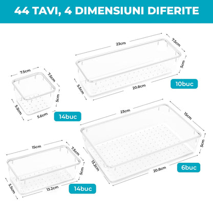 Set de 44 organizatoare din plastic transparent pentru sertare, disponibile în 4 dimensiuni diferite.