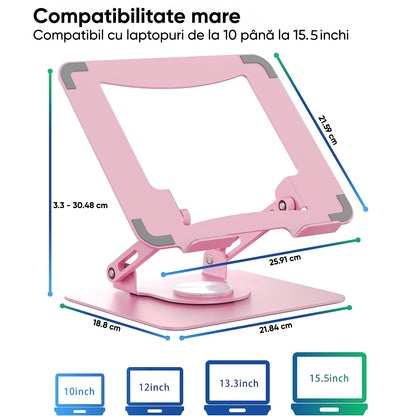 Suport Laptop si Tableta Elindor®, Masa Ergonomica Reglabila si Portabila, Stand Universal cu Baza Rotativa 360°, Antiderapanta, Compatibil 10–15.5 Inch, Ideal pentru Birou, Acasa si Calatorii, Roz