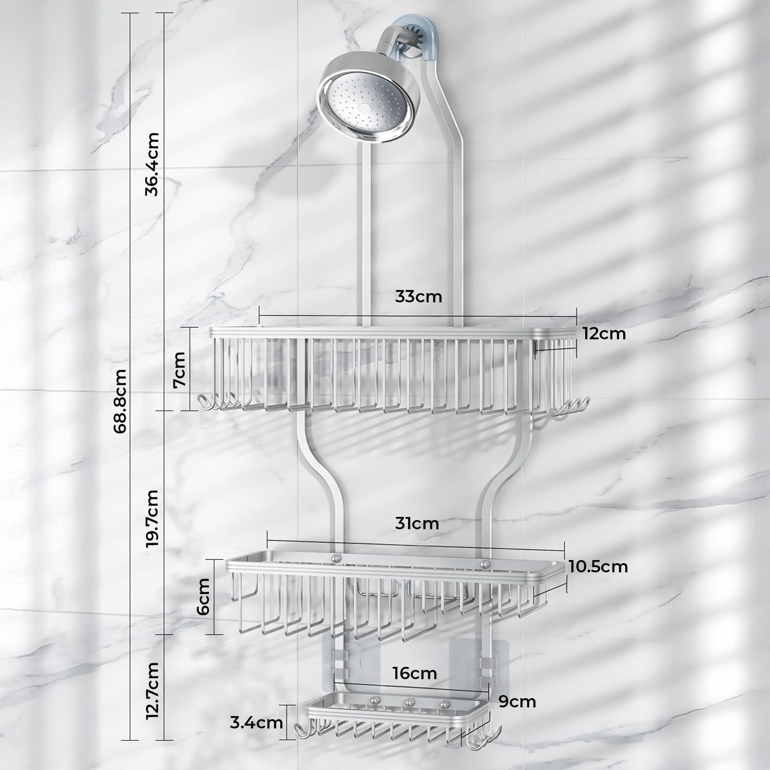 Suport de duș din aluminiu cu dimensiuni și detalii de capacitate