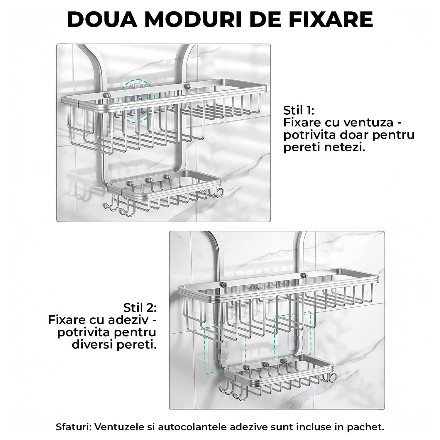 Suport de duș cu două metode de fixare pentru pereți