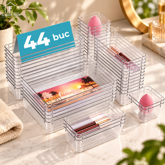 Set 44 Cutii Depozitare Elindor® Organizator pentru Bucatarie si Baie, 4 Marimi, Organizatoare Dulap si Sertare, Cutie pentru Sertar, Frigider, Camara, Baie, Bar, Birou, Cos Multifunctional, Separator Fructe, Legume, Creme, Parfumuri, Plastic Acrilic